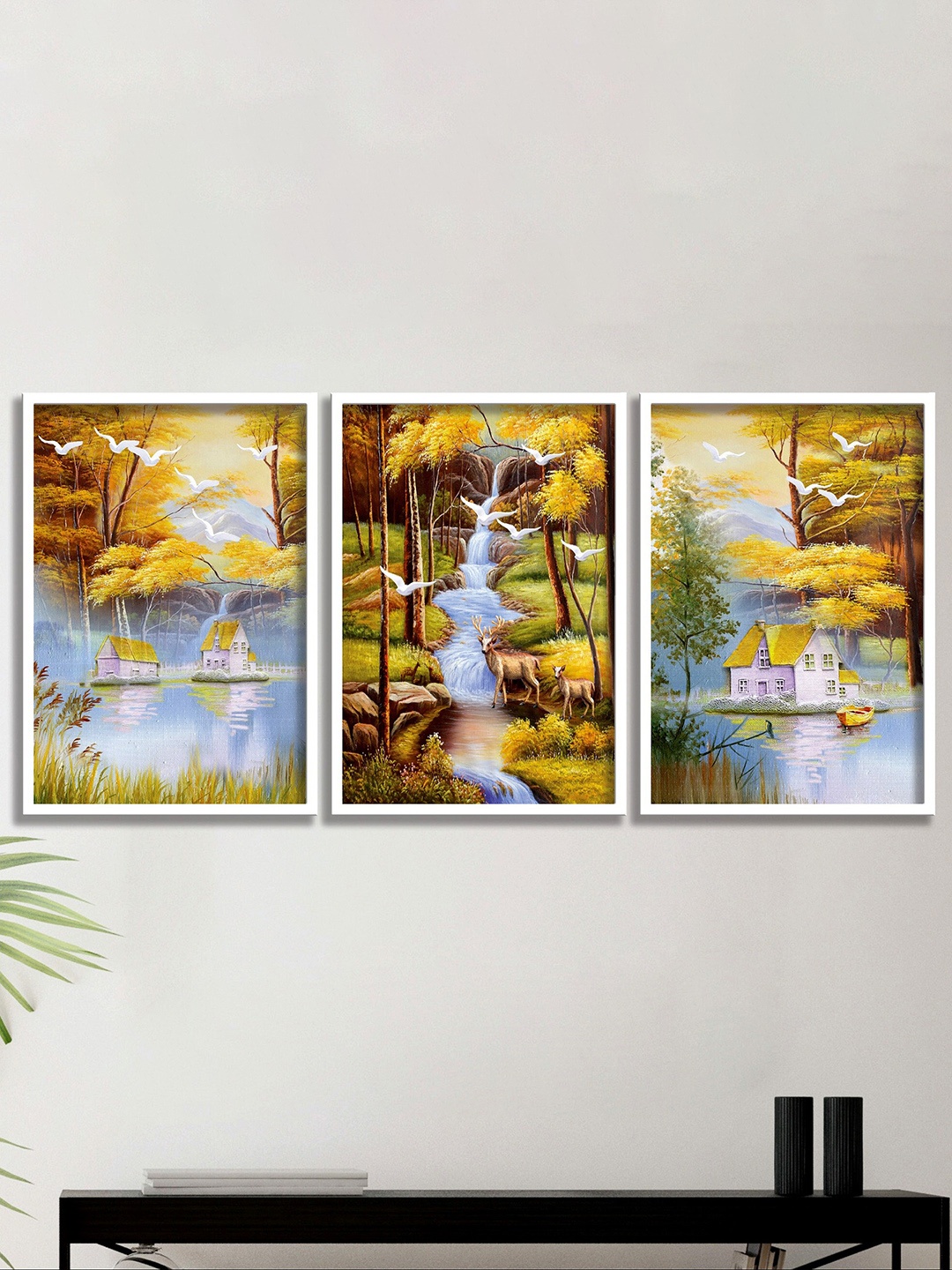 

SAF Blue & Yellow 3 Pieces Modern Art Painting Wall Arts