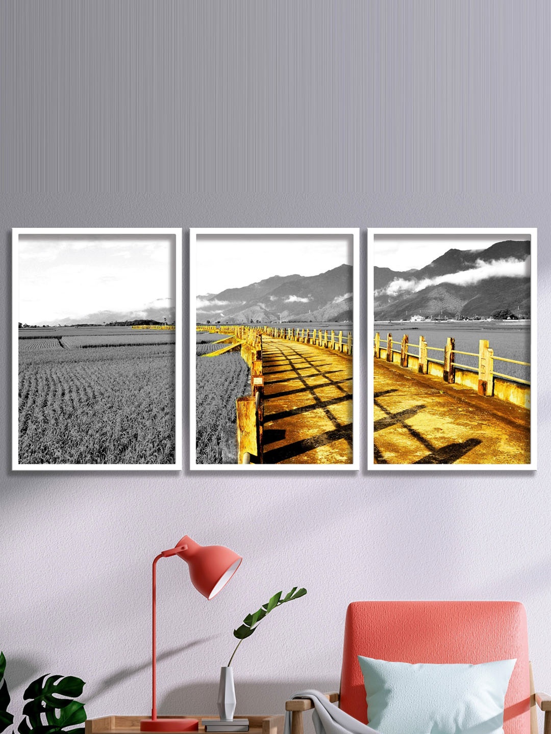 

SAF Grey & Yellow 3 Pieces Modern-Art Wall Art