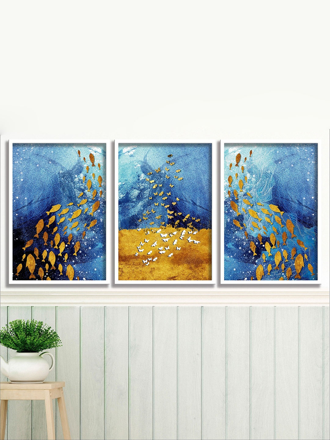 

SAF Blue & Yellow 3 Pieces Modern Art Painting Framed Wall Art