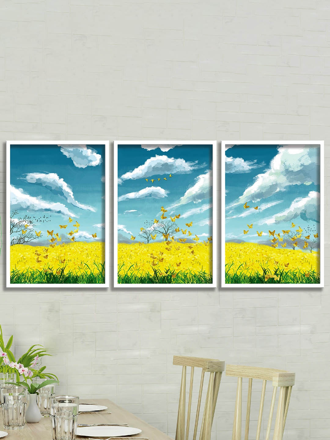 

SAF 3-Pcs Blue & Yellow Modern Art Wall Painting