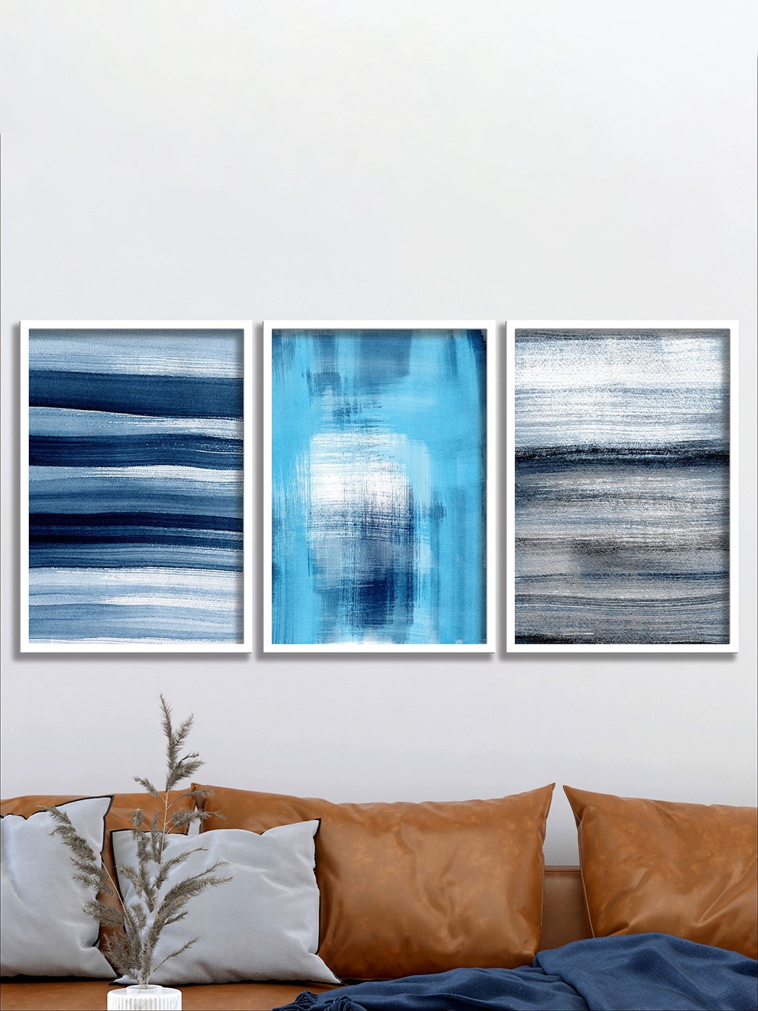 

SAF 3Pcs White & Blue Framed Modern Painting Wall Art