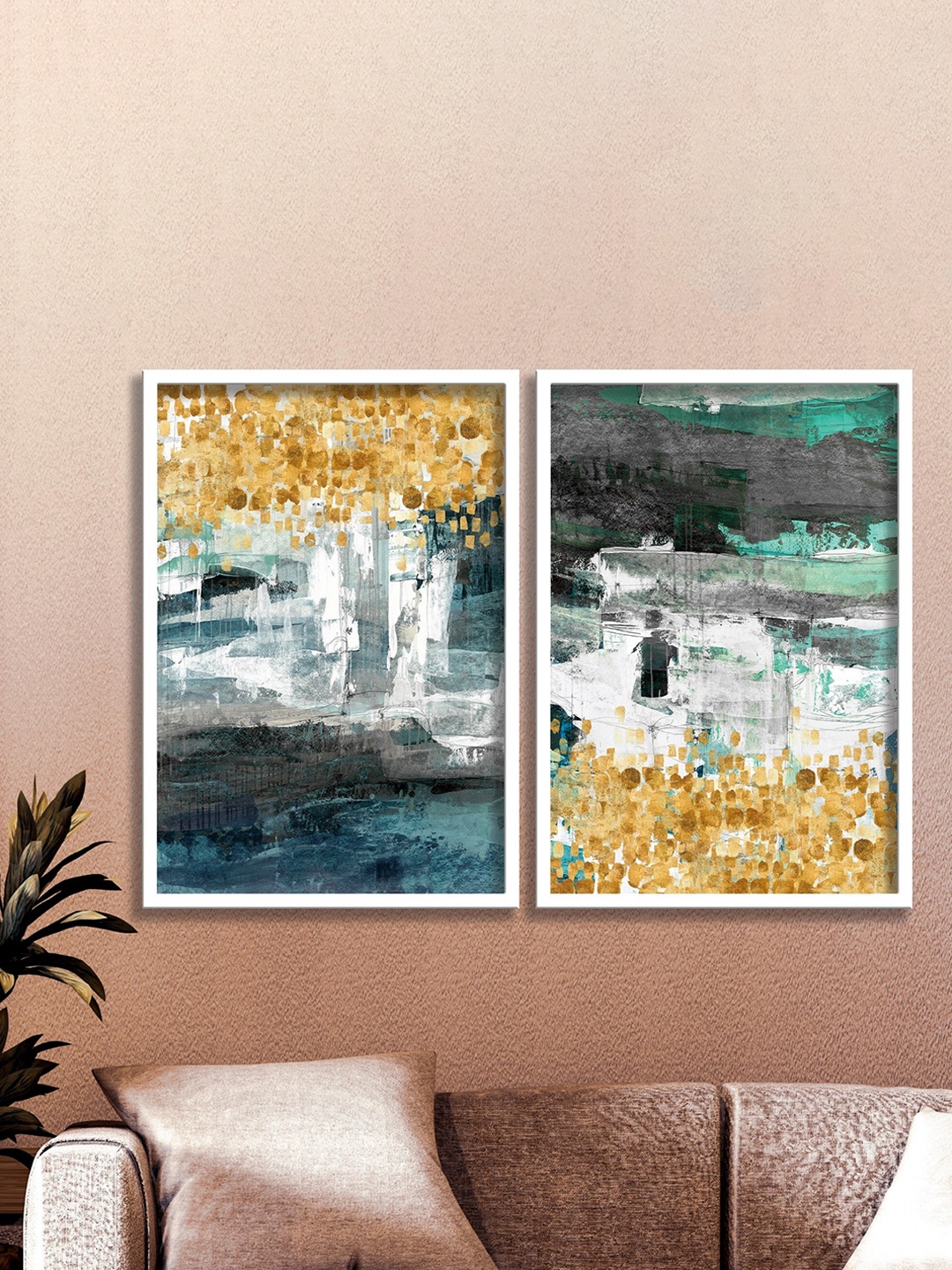 

SAF 2Pcs Golden & Grey Modern Art Framed Wall Art