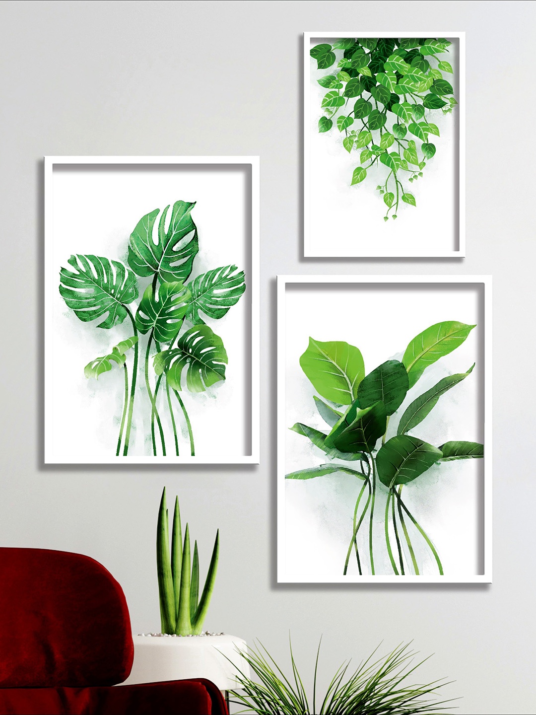 

SAF 3Pcs White & Green Leaves Modern Art Framed Wall Art, Multi