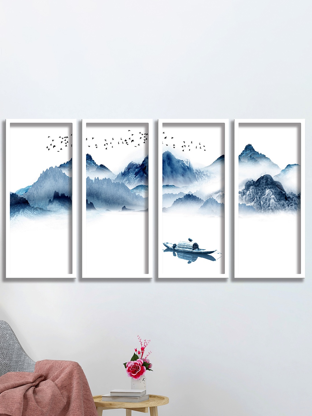 

SAF White & Blue 4-Pieces Modern Art Printed Framed Wall Art