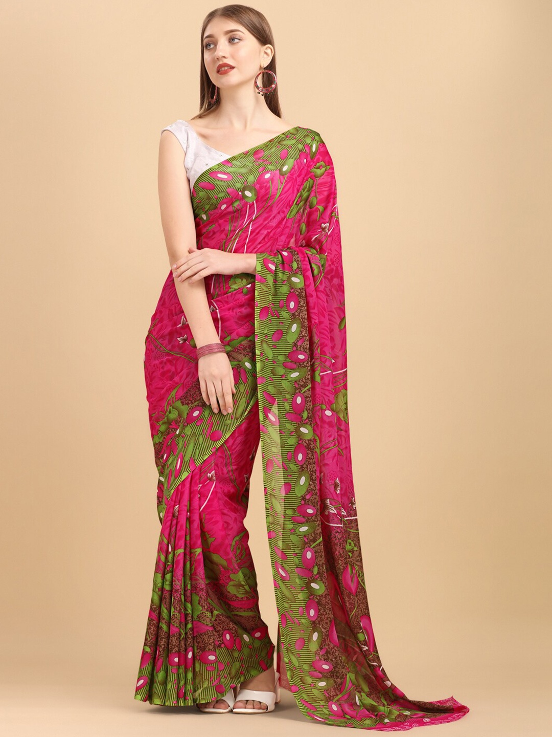 

Dori Floral Printed Pure Georgette Saree, Pink