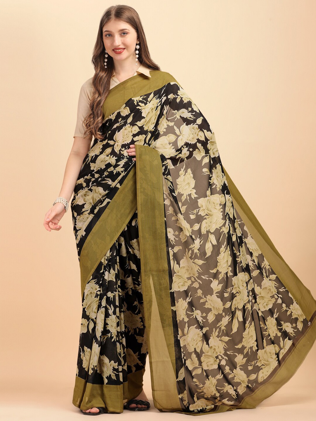 

Dori Floral Printed Solid Border Pure Georgette Saree, Black