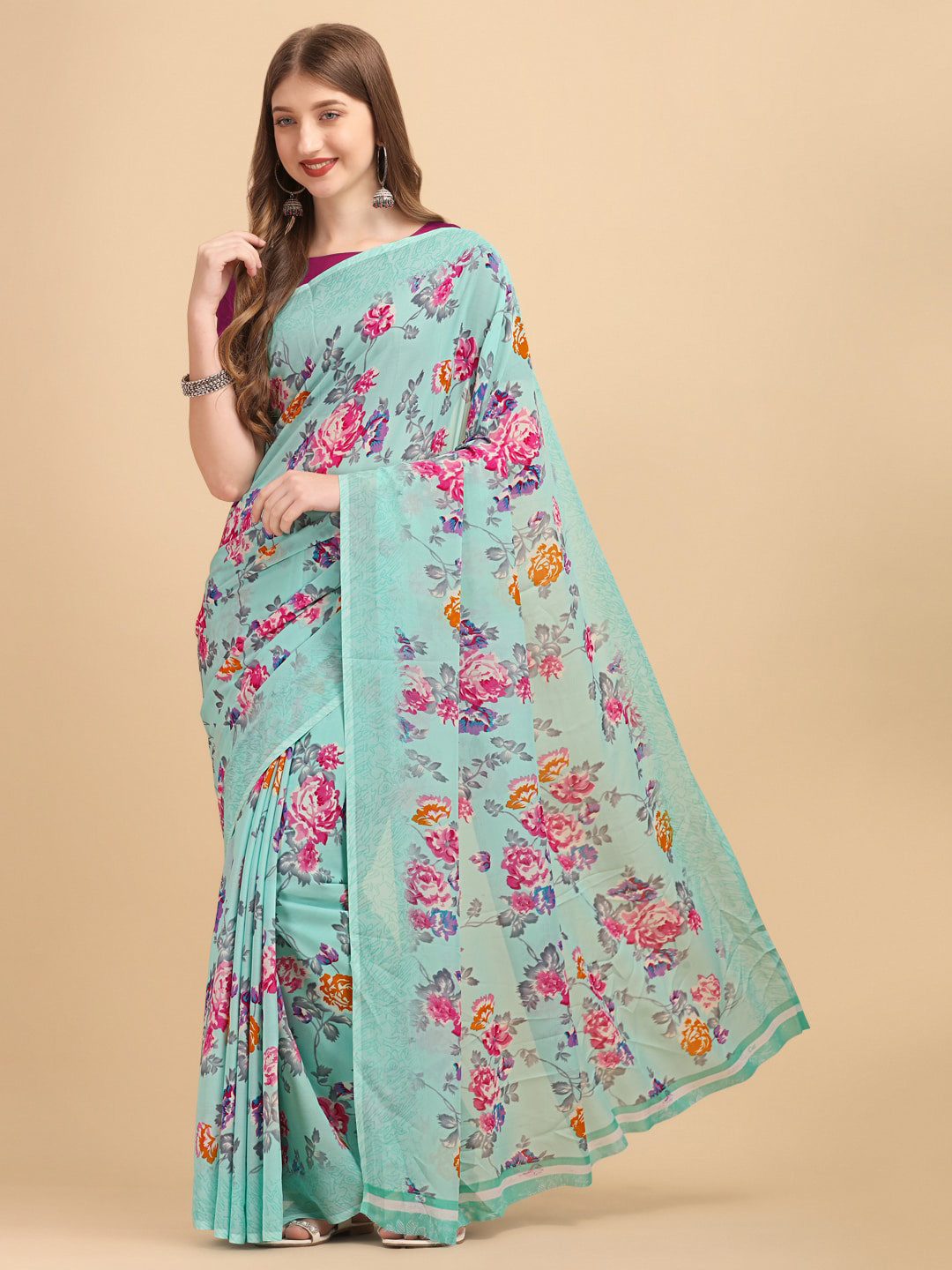 

Dori Floral Printed Pure Georgette Saree, Green