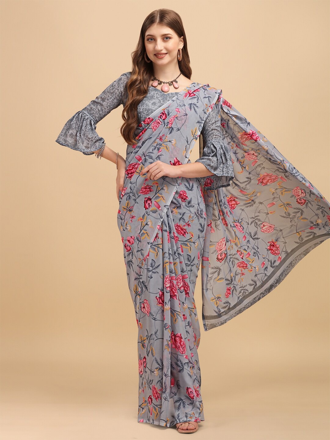 

Dori Floral Printed Pure Georgette Saree, Grey