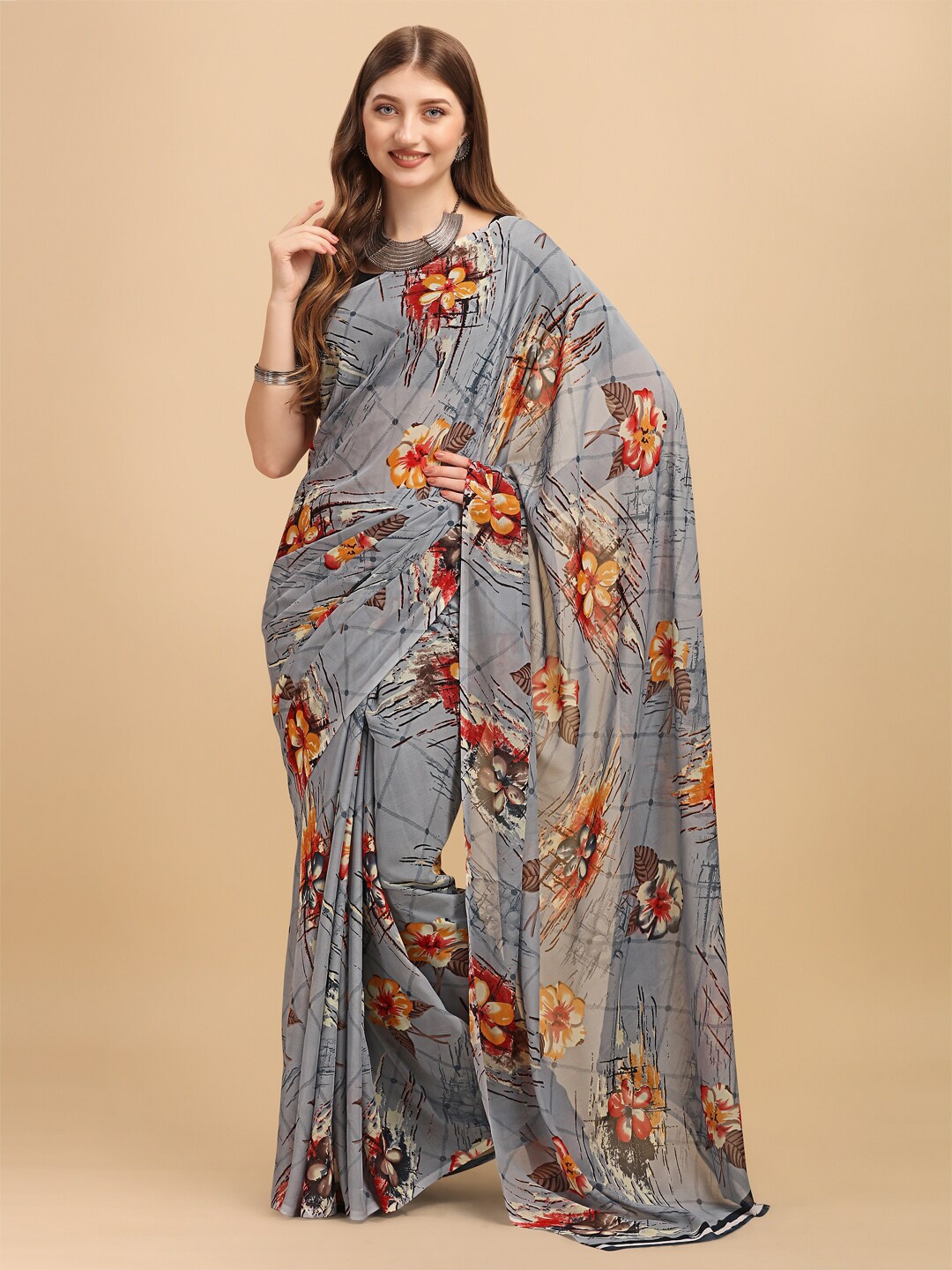 

Dori Floral Printed Pure Georgette Saree, Grey