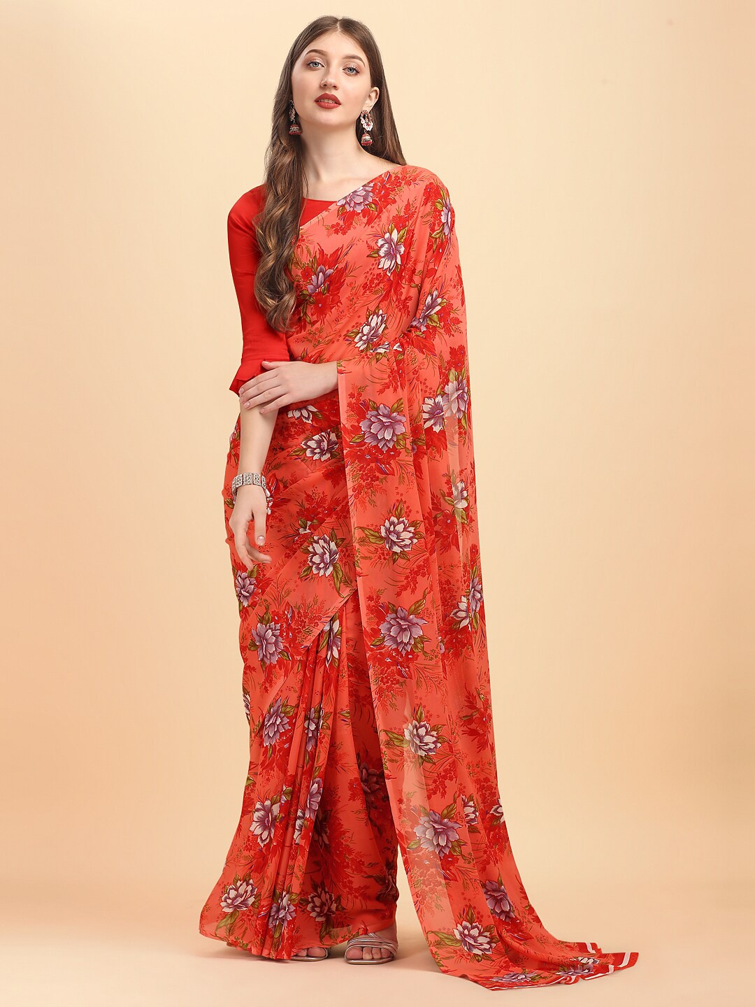 

Dori Floral Printed Pure Georgette Saree, Red