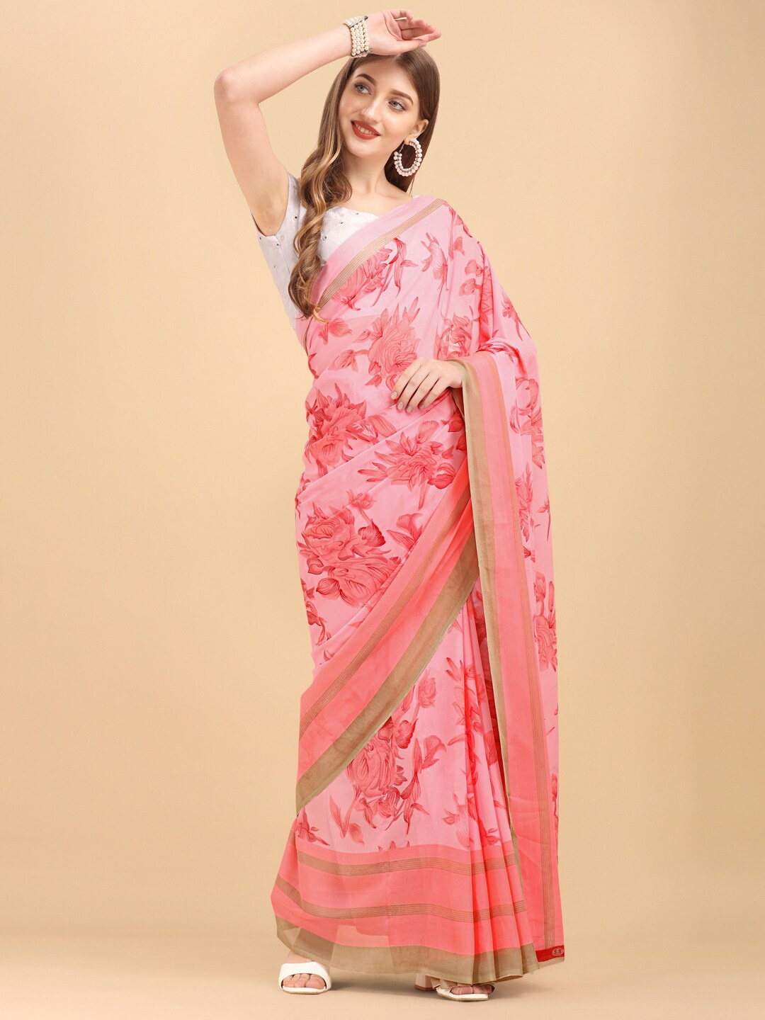 

Dori Floral Printed Pure Georgette Saree, Pink