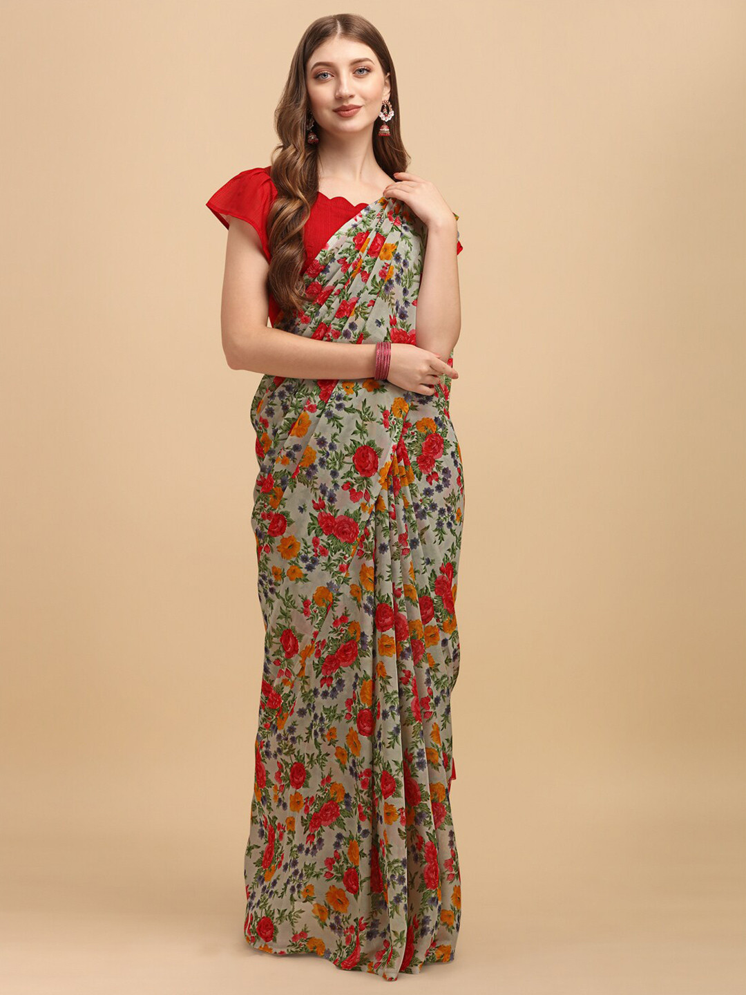 

Dori Floral Printed Pure Georgette Saree, Olive