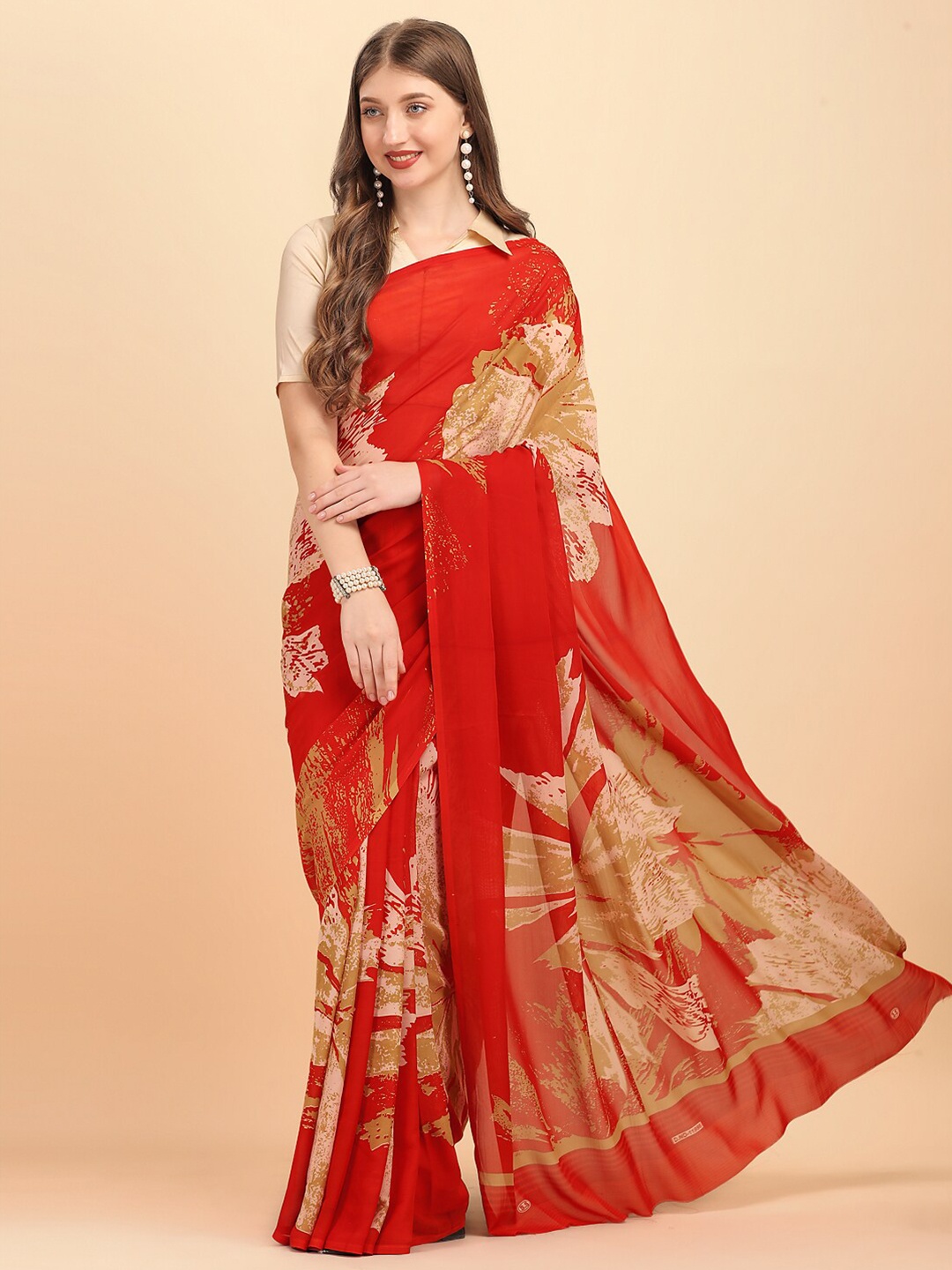 

Dori Floral Printed Pure Georgette Saree, Red