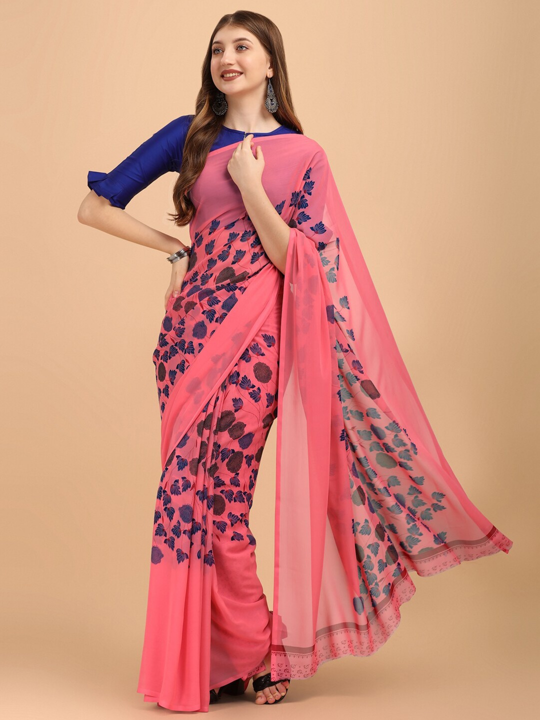 

Dori Floral Printed Pure Georgette Saree, Pink
