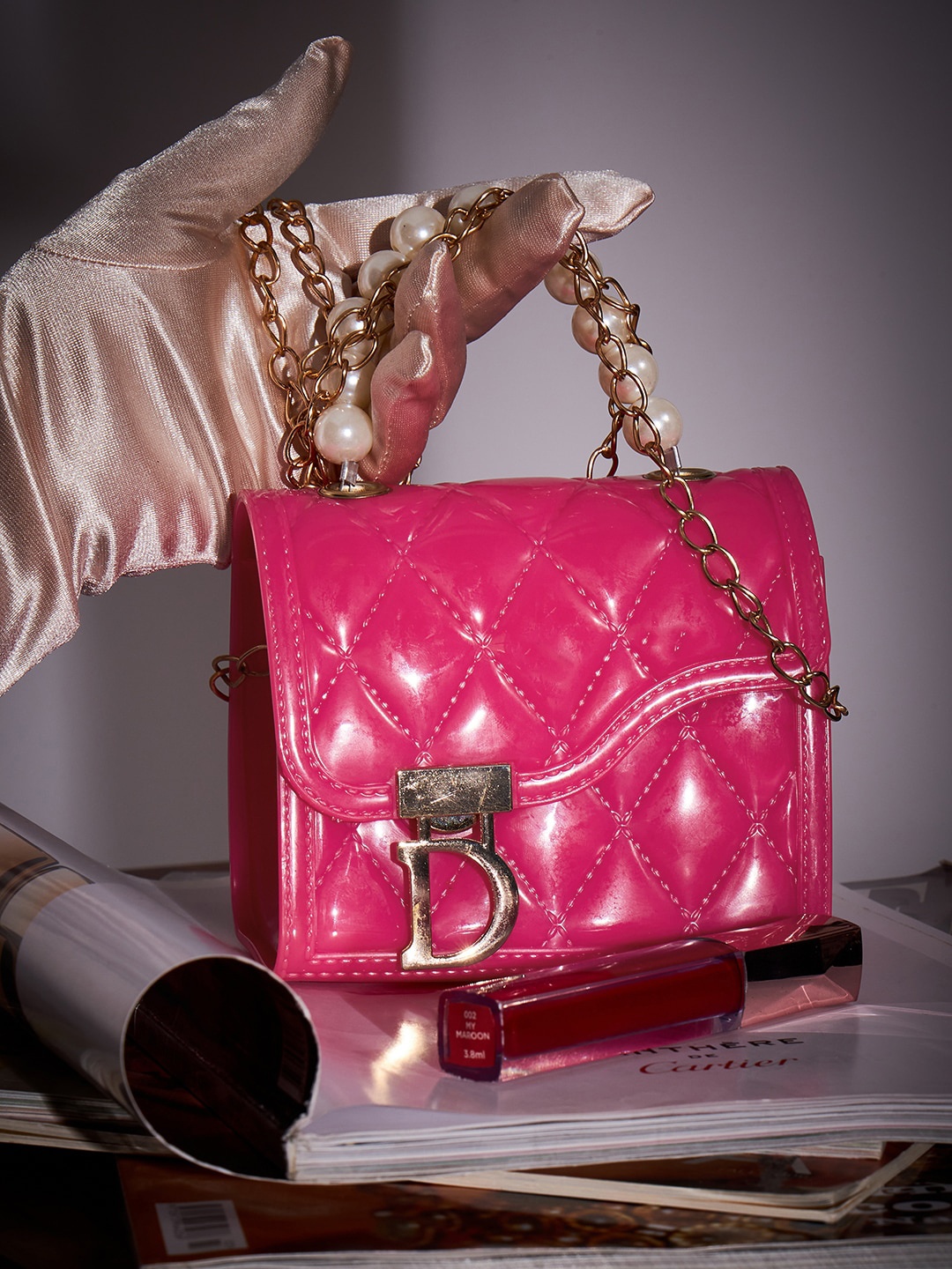 

Athena Pink Textured Quilted Structured Handheld Bag