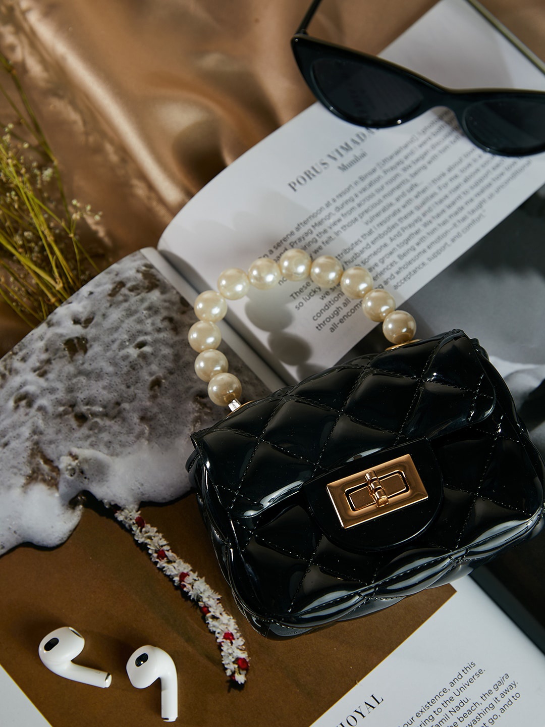 

Athena Black Textured Quilted Structured Handheld Bag