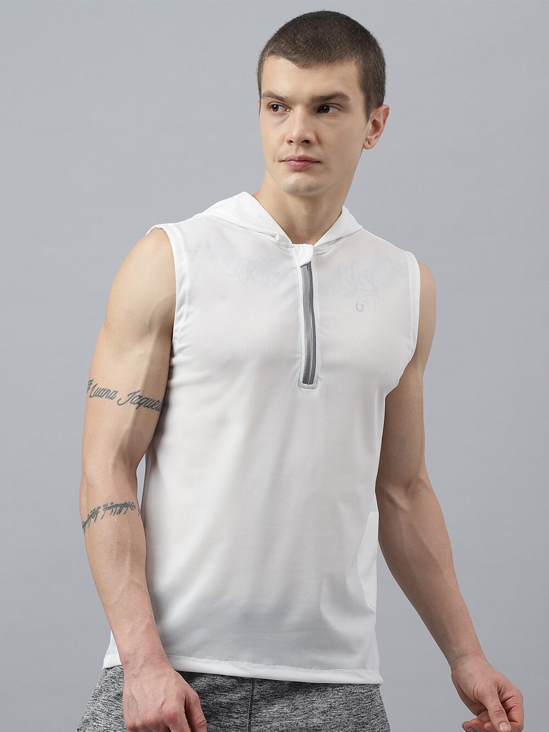 

Fitkin Self Design Hooded Sleeveless Relaxed Fit Anti Odour Technology Sports T-shirt, White