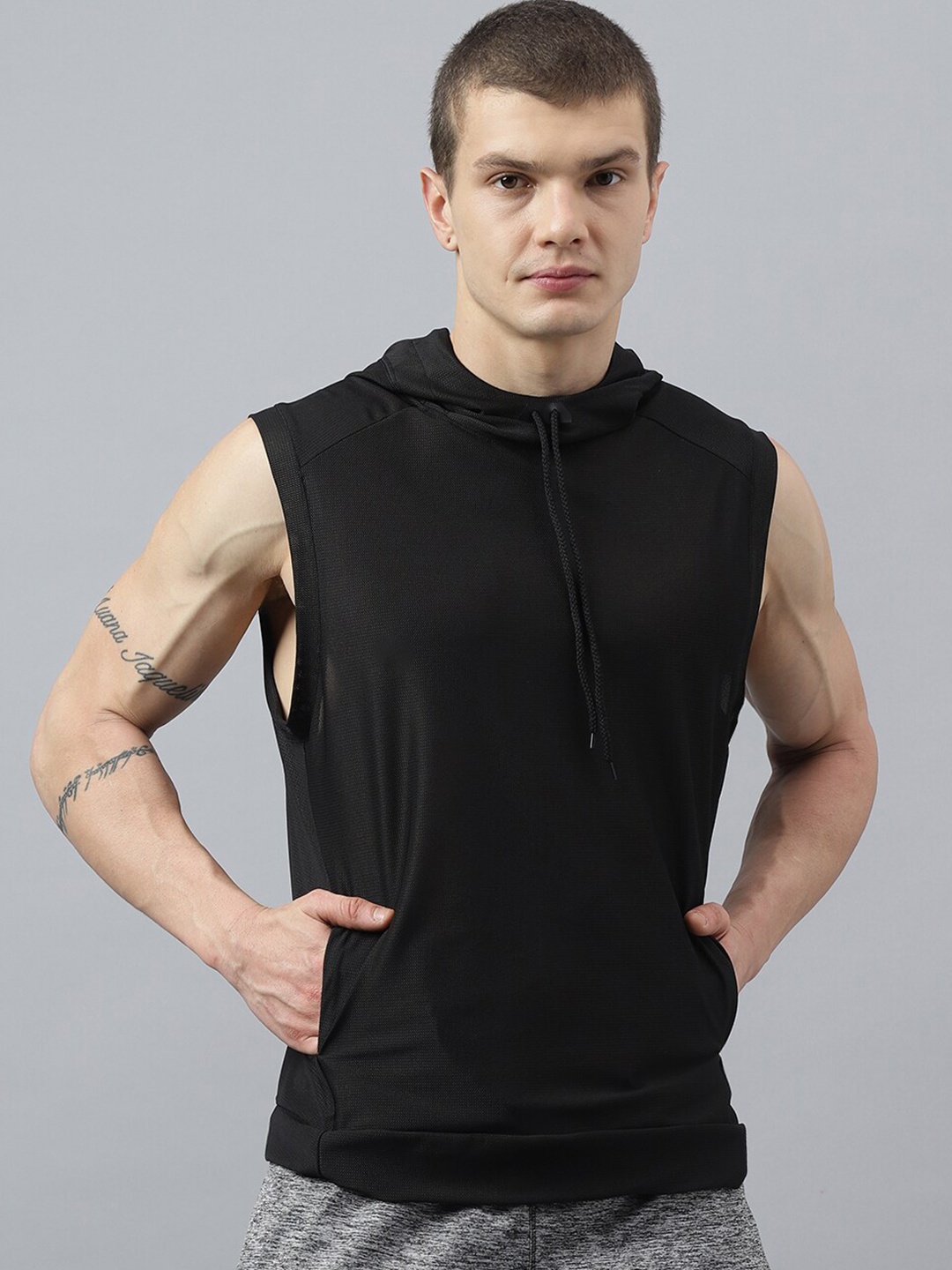 

Fitkin Self Design Hooded Sleeveless Relaxed Fit Anti Odour Technology Sports T-shirt, Black