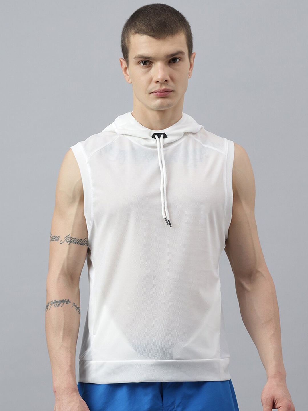 

Fitkin Self Design Hooded Sleeveless Relaxed Fit Anti Odour Technology Sports T-shirt, White