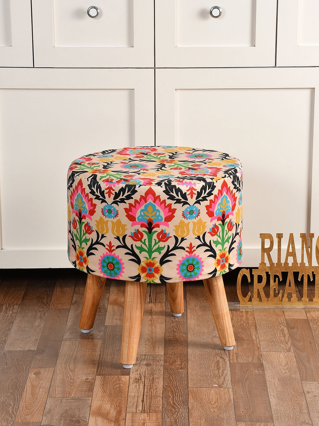 

RIANCE CREATIONS Beige & Black Printed Velvet Cylindrical Ottoman