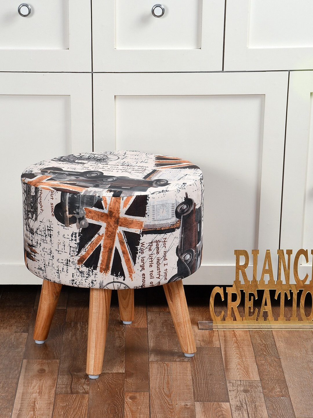 

RIANCE CREATIONS Beige & Brown Printed Wooden Round Ottoman
