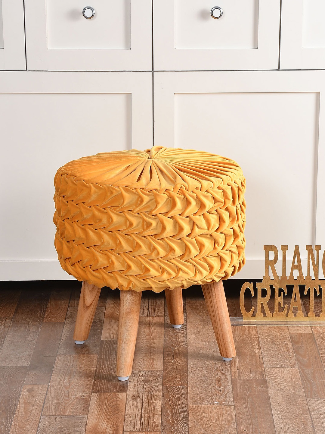 

RIANCE CREATIONS Mustard-Yellow & Brown Textured Wooden Round Ottoman