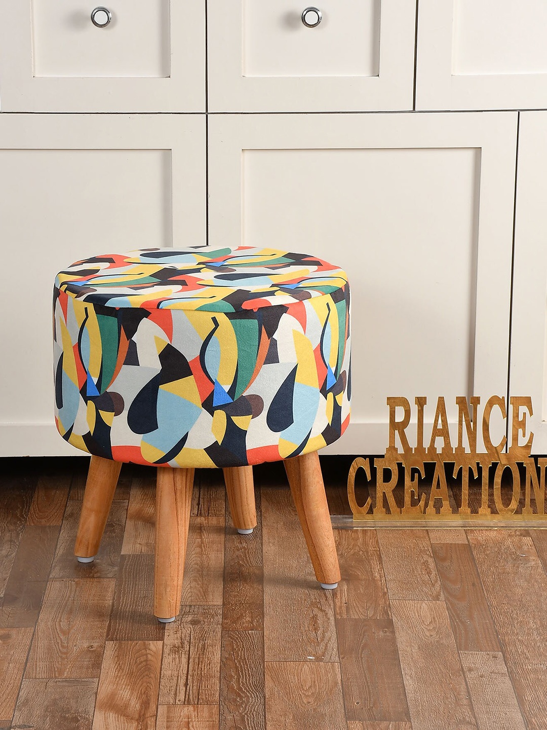 

RIANCE CREATIONS Yellow & Black 4 Legs Wodden Printed Ottoman