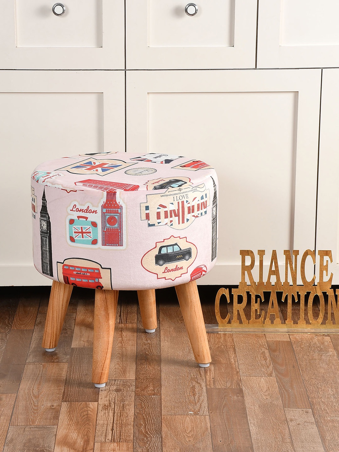 

RIANCE CREATIONS Pink 4 Legs Wooden Printed Ottoman