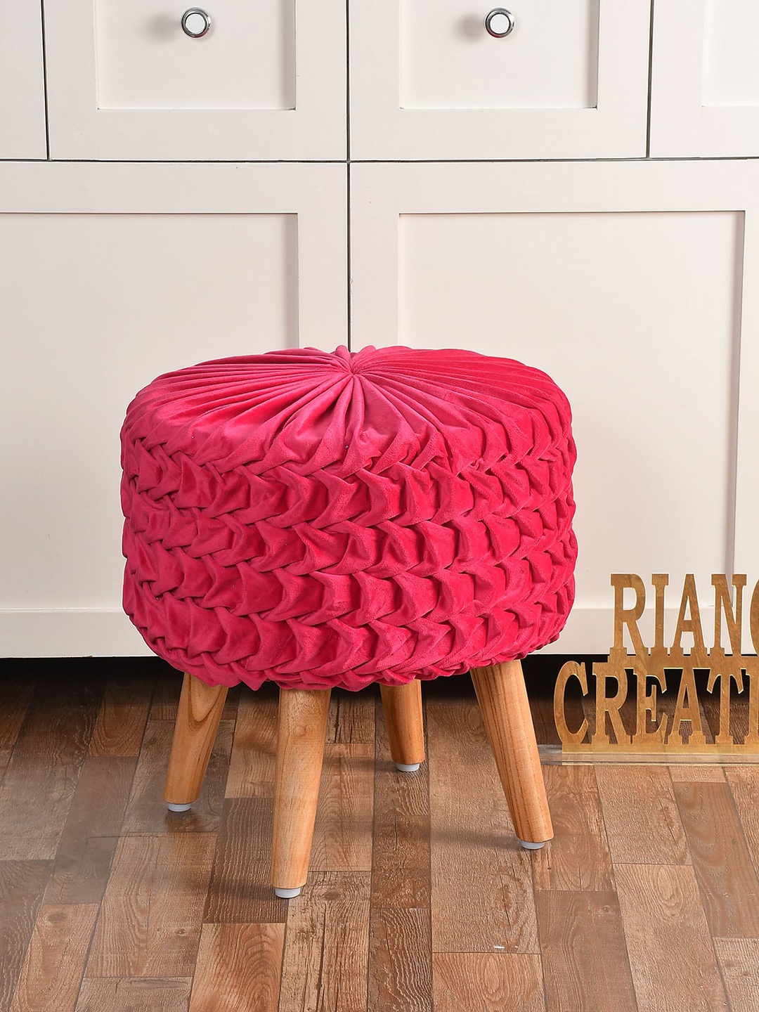 

RIANCE CREATIONS Pink & Brown Textured Wooden Round Ottoman