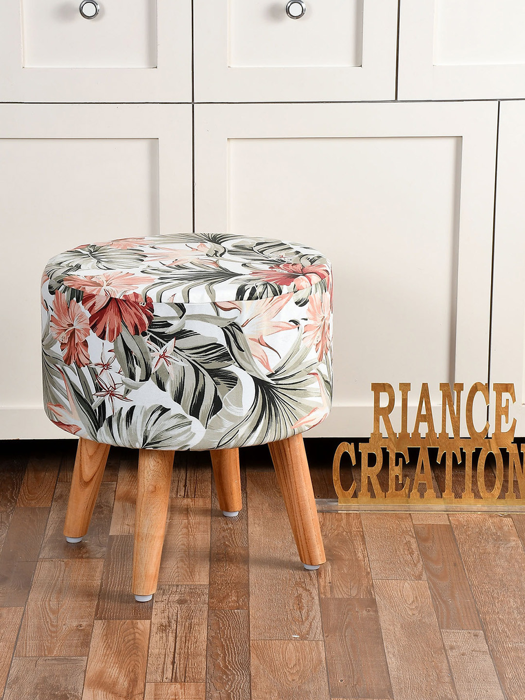 

RIANCE CREATIONS White & Black Floral-Printed 4-Legs Wooden Ottomans