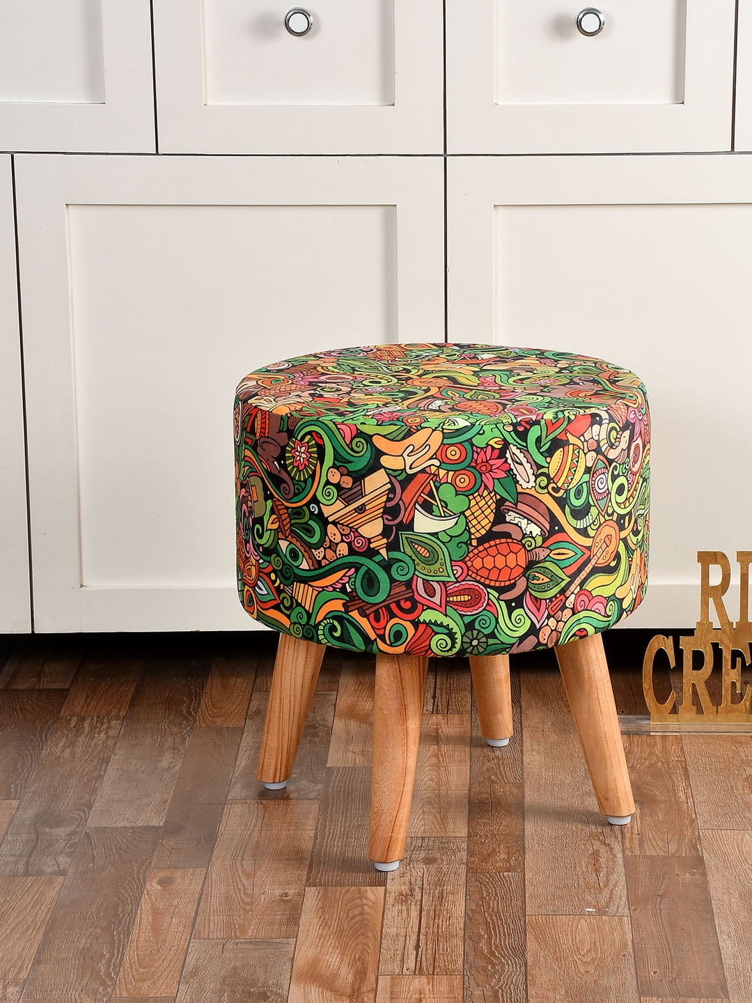 

RIANCE CREATIONS Brown & Green Printed Wooden Round Ottoman
