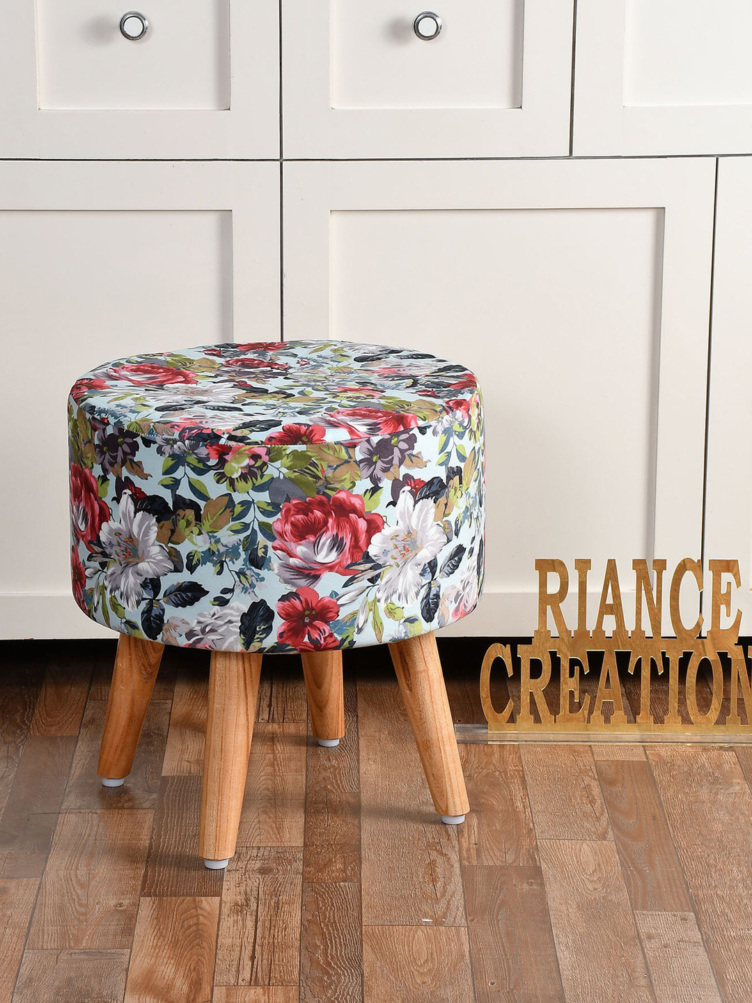 

RIANCE CREATIONS Blue & Red Printed Wooden Round Ottoman