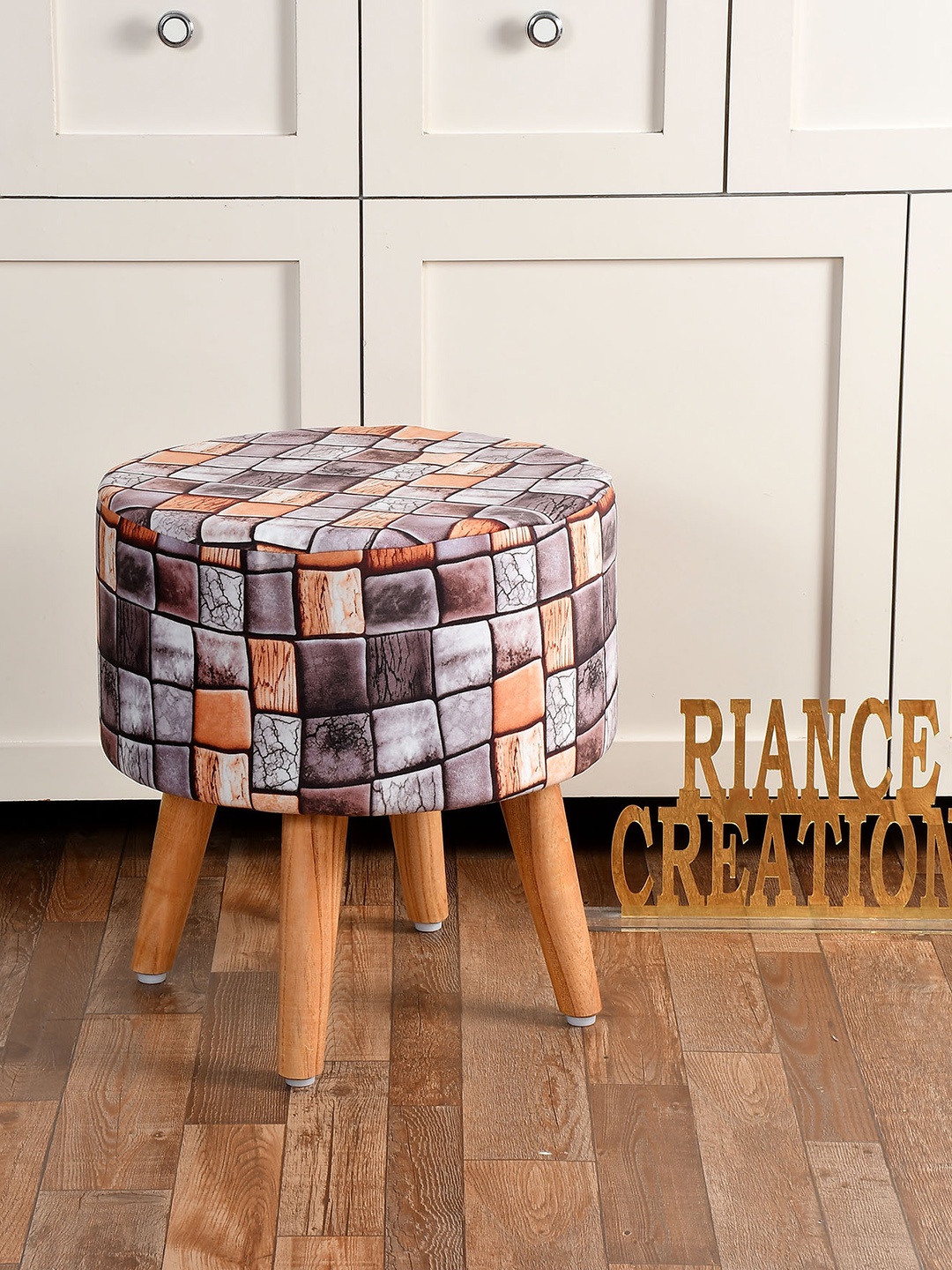 

RIANCE CREATIONS Brown & Grey Printed Wooden Round Ottoman