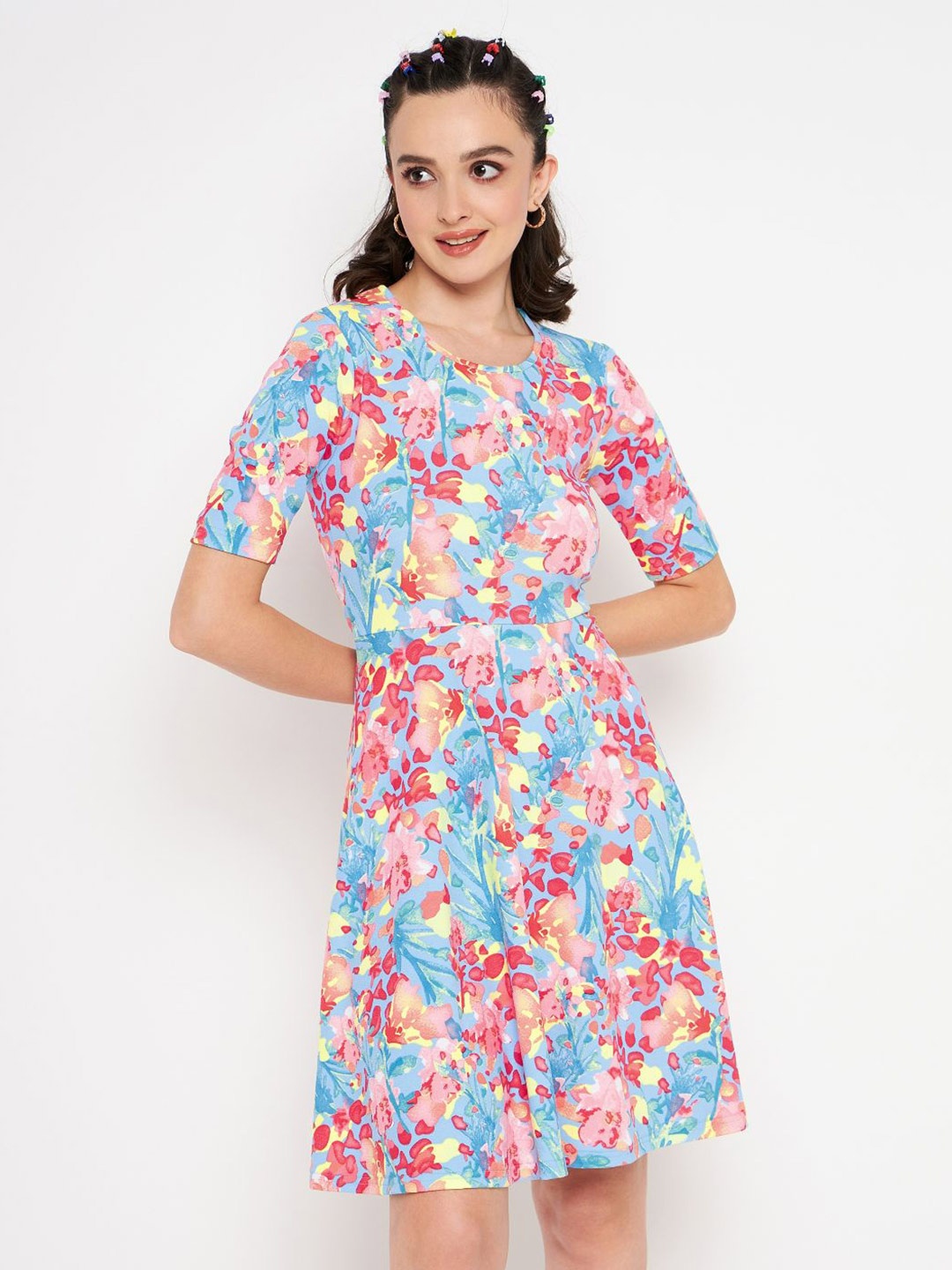

Uptownie Multicoloured Floral Printed Round Neck Fit & Flare Dress, White