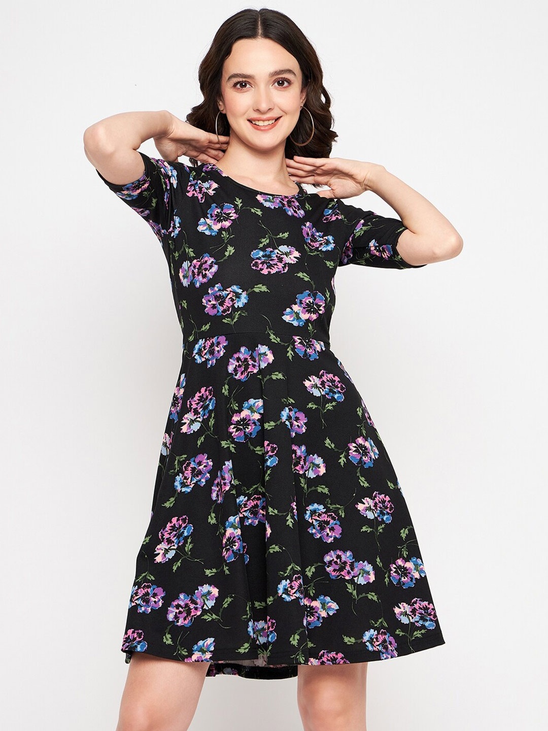 

Uptownie Lite Black Floral Printed Round Neck Fit & Flare Dress