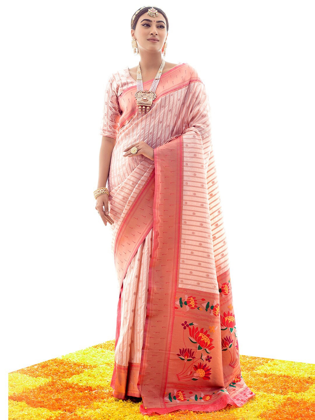 

Satrani Pink & Red Woven Design Zari Art Silk Banarasi Saree