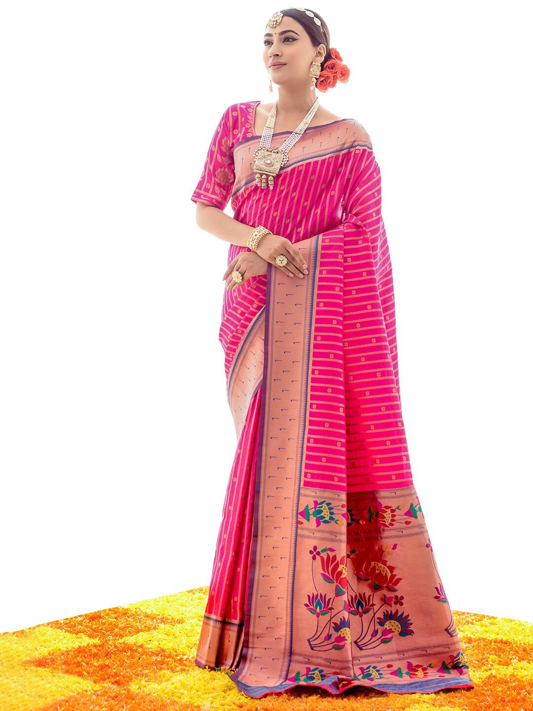 

Satrani Pink & Blue Woven Design Zari Art Silk Banarasi Saree
