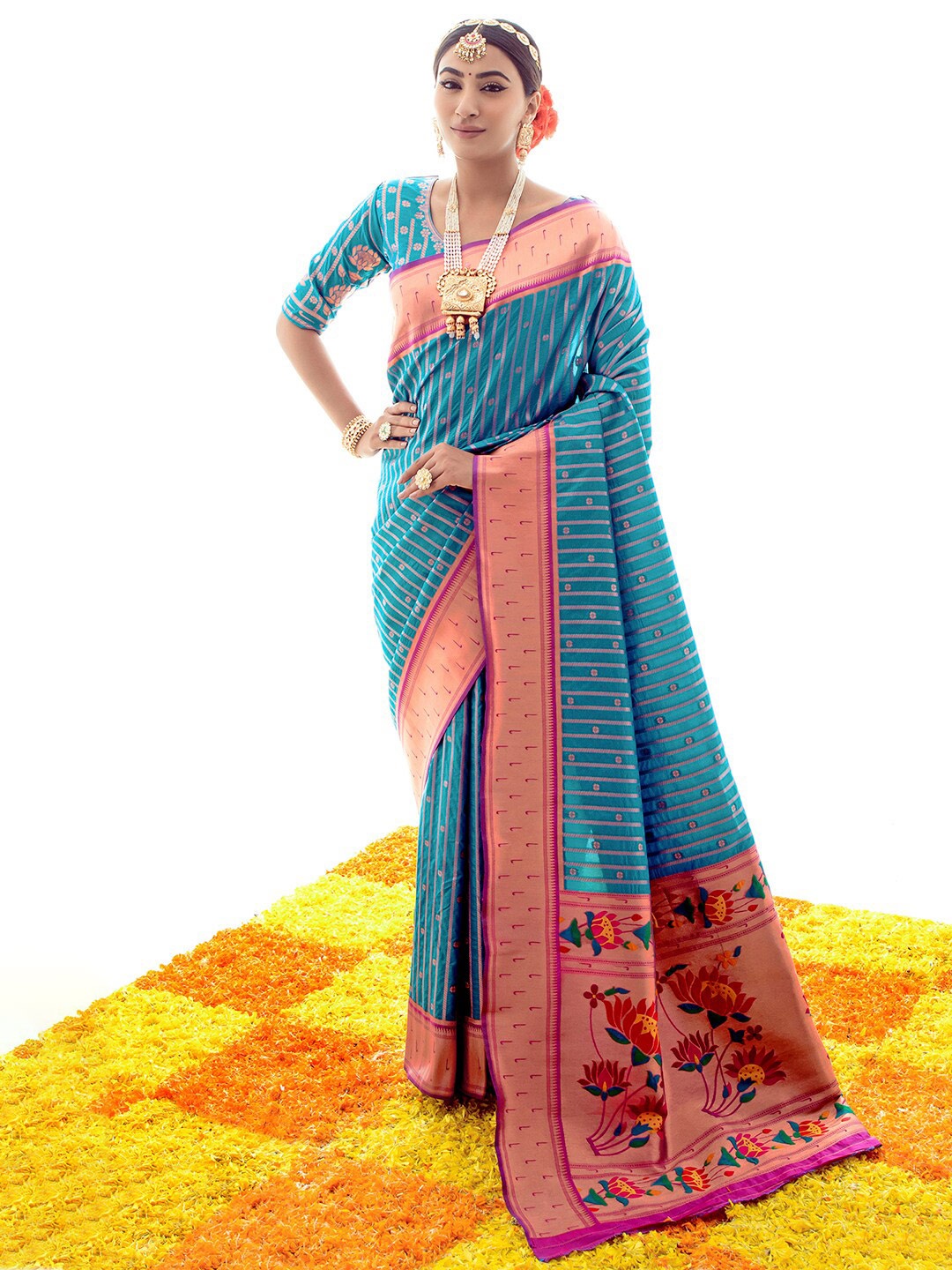 

Satrani Blue & Magenta Striped Zari Art Silk Banarasi Saree