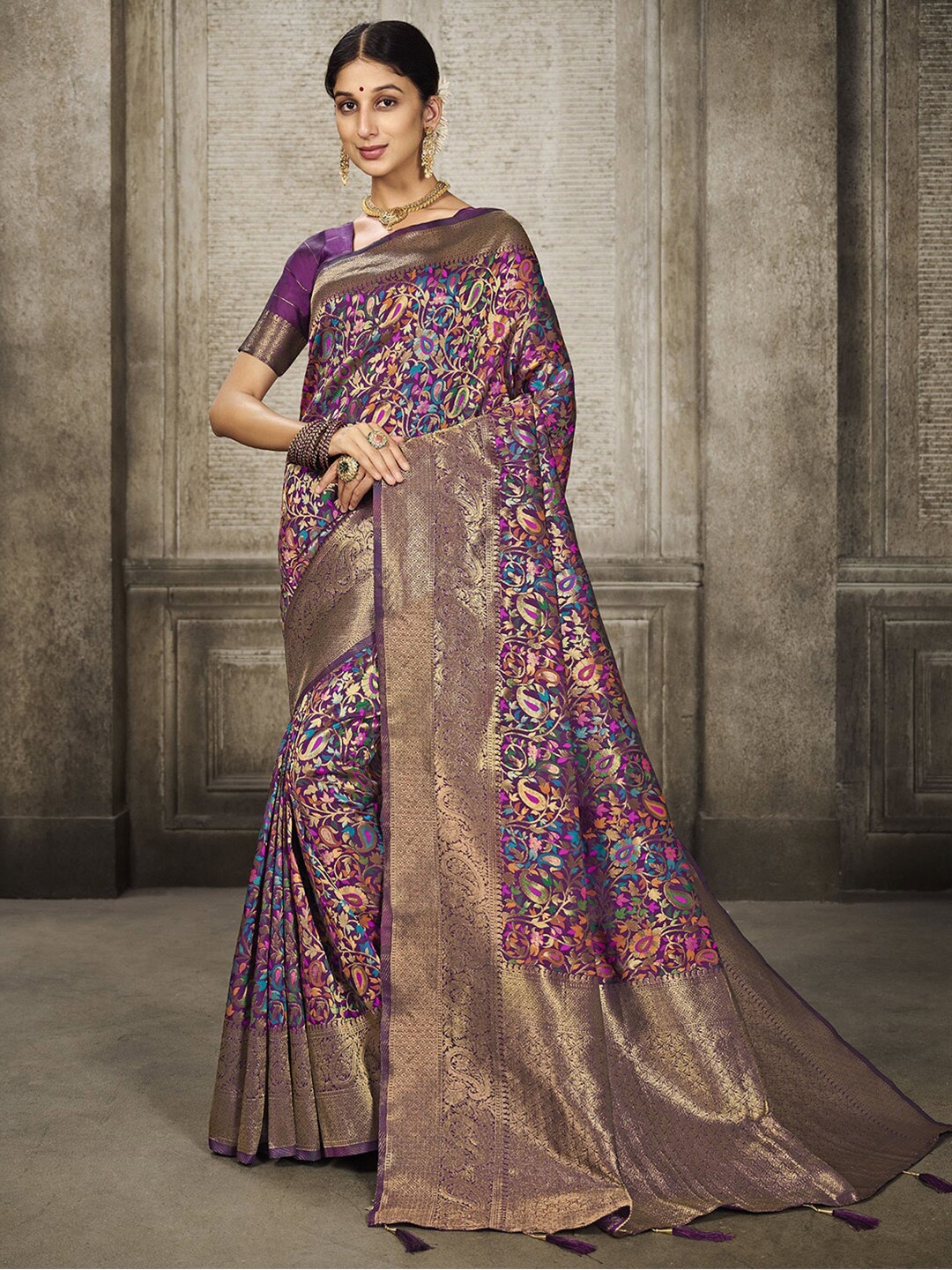 

Satrani Purple & Blue Woven Design Zari Art Silk Jamdani Saree