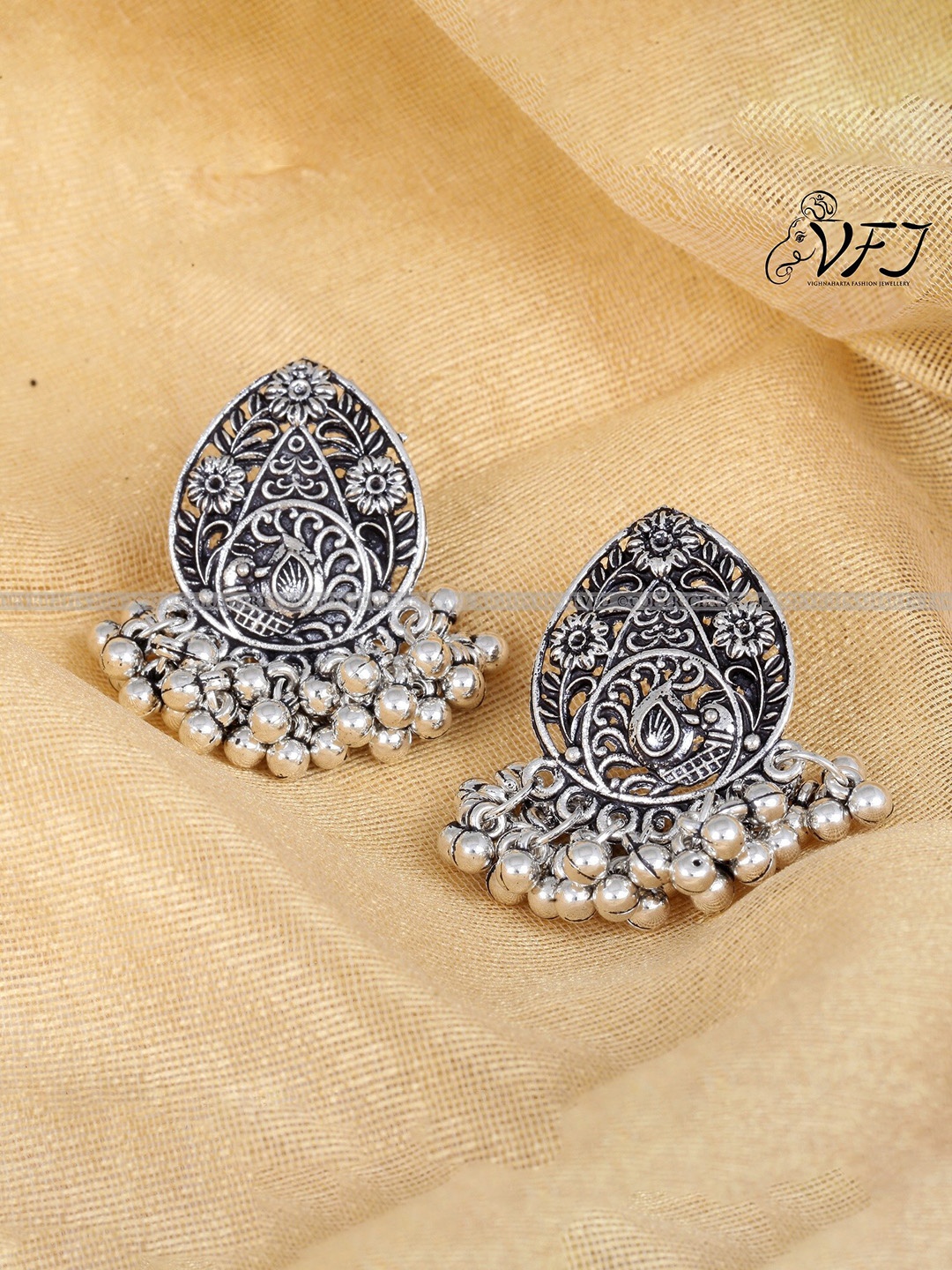 Vighnaharta Gold-Plated Floral Oxidised Studs Earrings