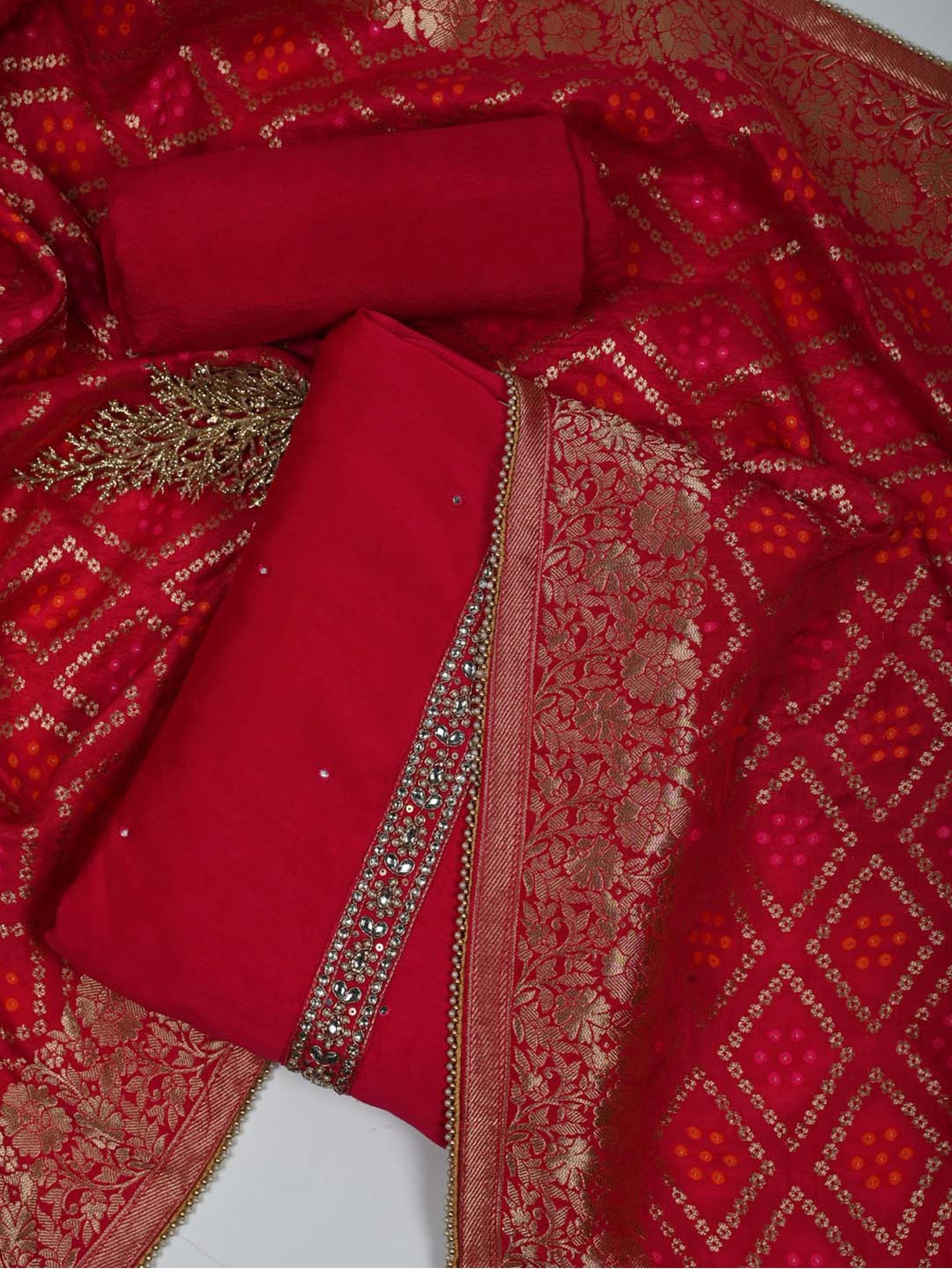

Meena Bazaar Embroidered Unstitched Dress Material, Red