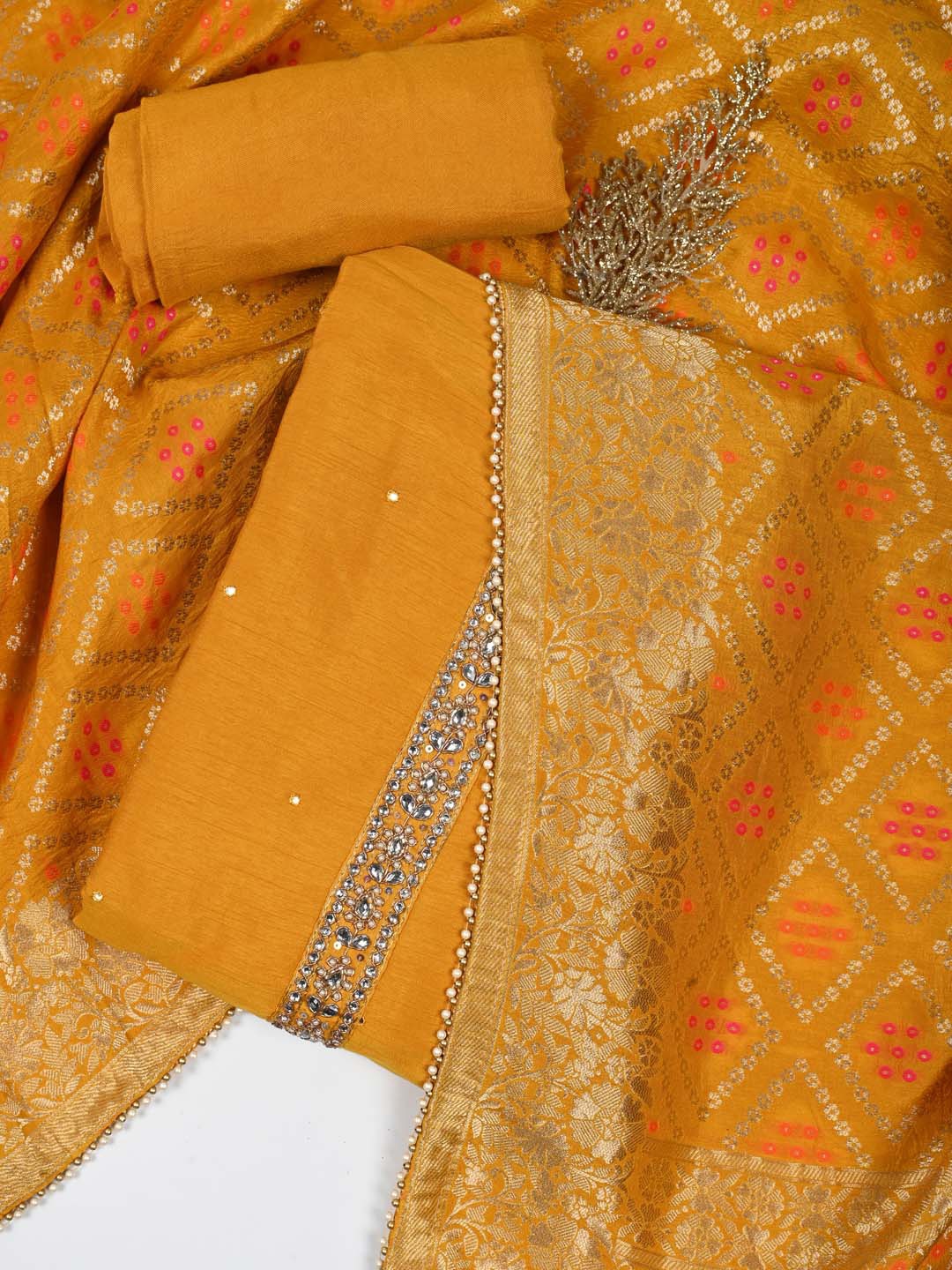 

Meena Bazaar Embroidered Unstitched Dress Material, Mustard