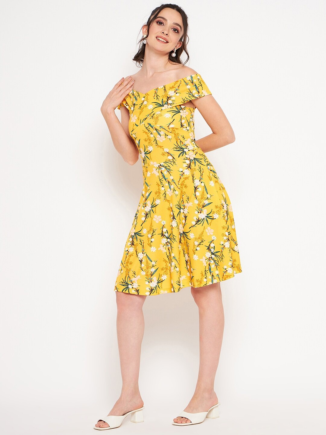 

Uptownie Lite Yellow Floral Printed Off-Shoulder Fit & Flare Dress