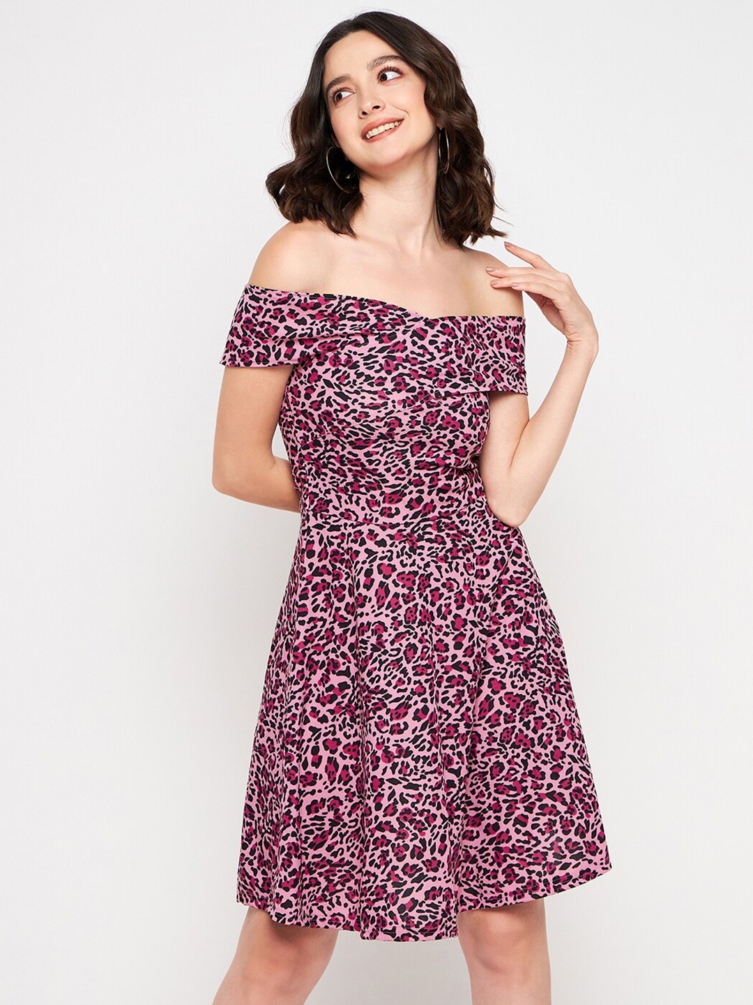 

Uptownie Lite Pink Abstract Printed Off-Shoulder Fit & Flare Dress