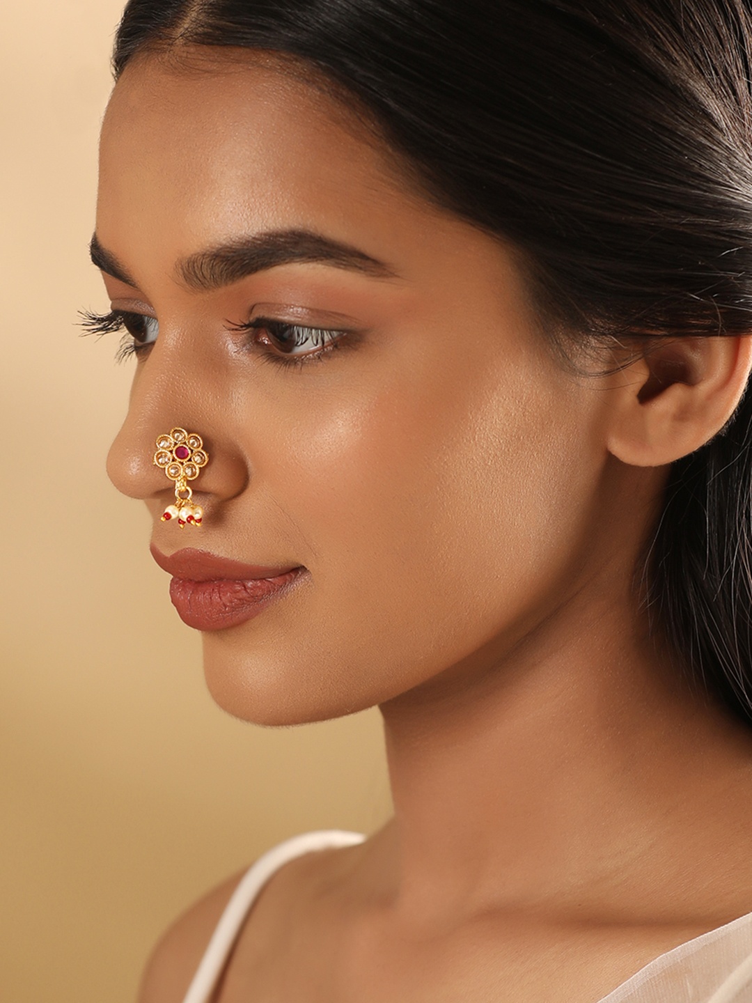 

Rubans Gold-Plated CZ Studded Pearls Beaded Nosepin