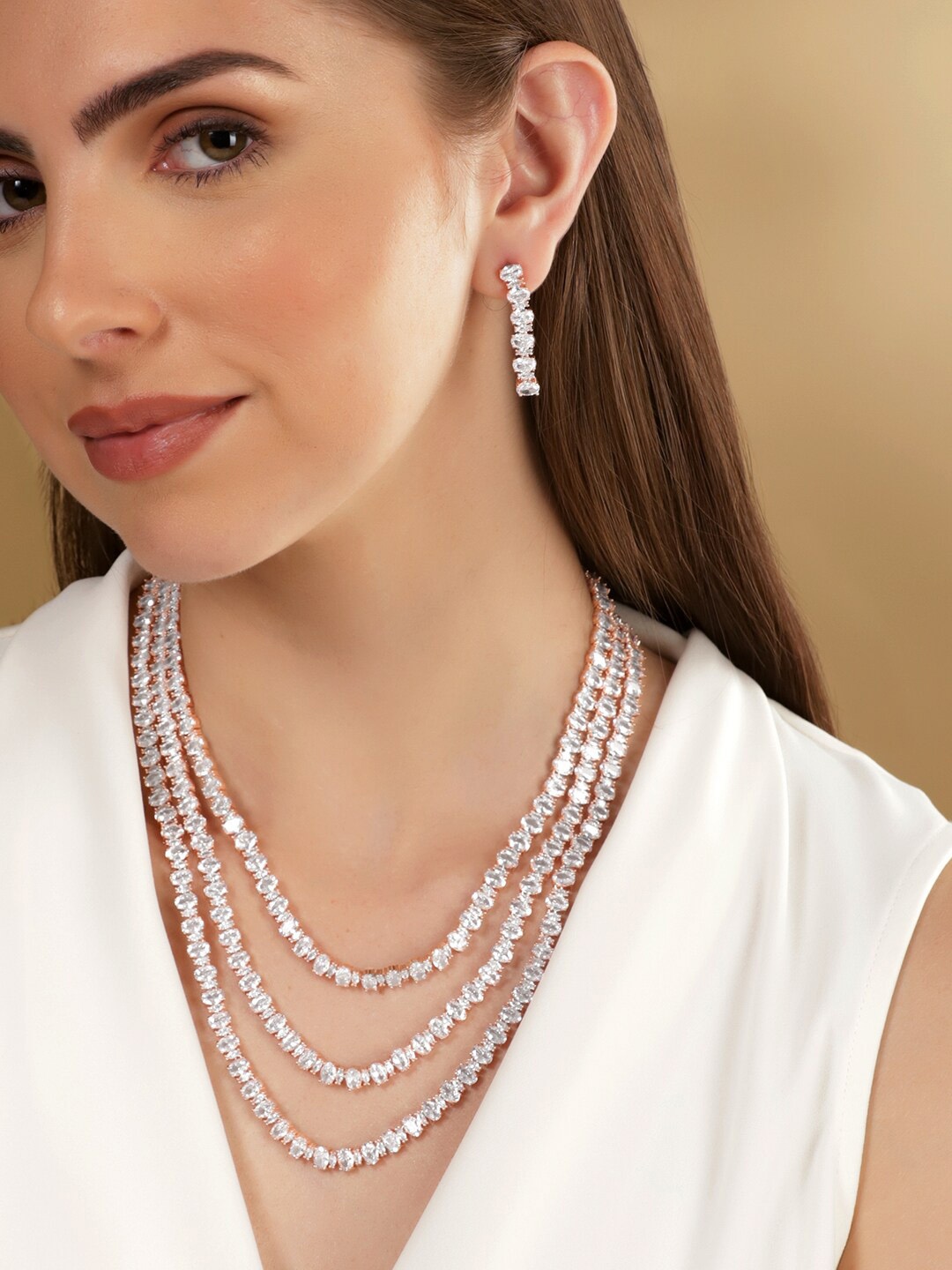 

Rubans 18K Rose Gold-Plated Crystal Studded Multilayer Jewellery Set