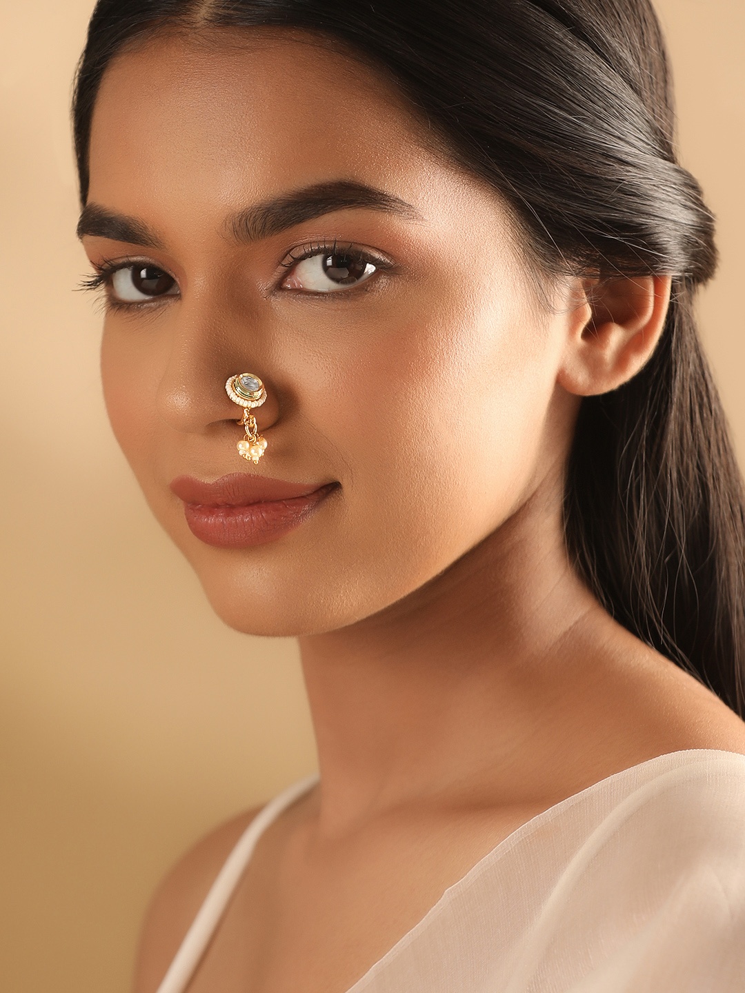 

Rubans Gold-Plated Stone Studded & Pearls Beaded Nosepin