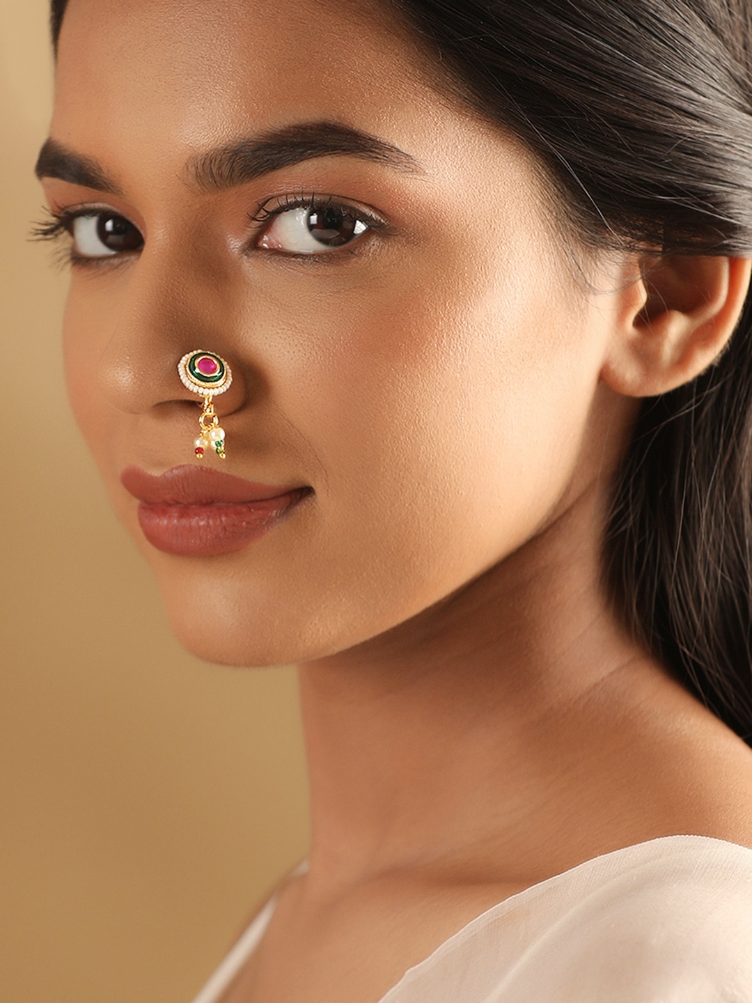 

Rubans Gold-Plated CZ Studded & Pearls Beaded Nosepin