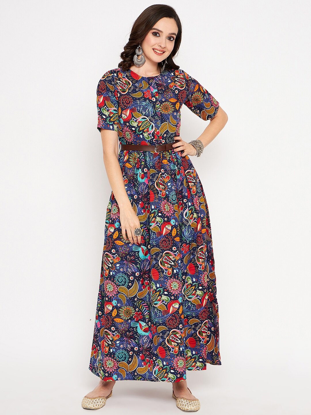 

Uptownie Lite Multicoloured Ethnic Motifs Printed Round Neck Crepe Fit & Flare Maxi Dress, Multi