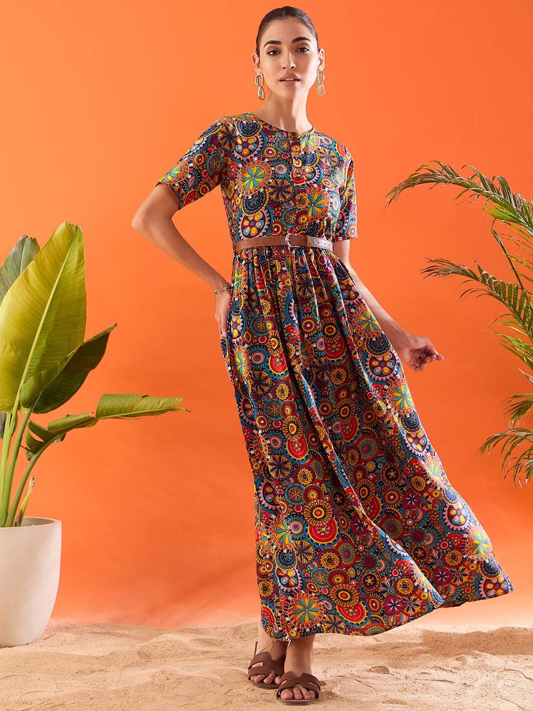 

Uptownie Lite Multicoloured Belted Ethnic Printed Crepe Maxi Dress, Multi